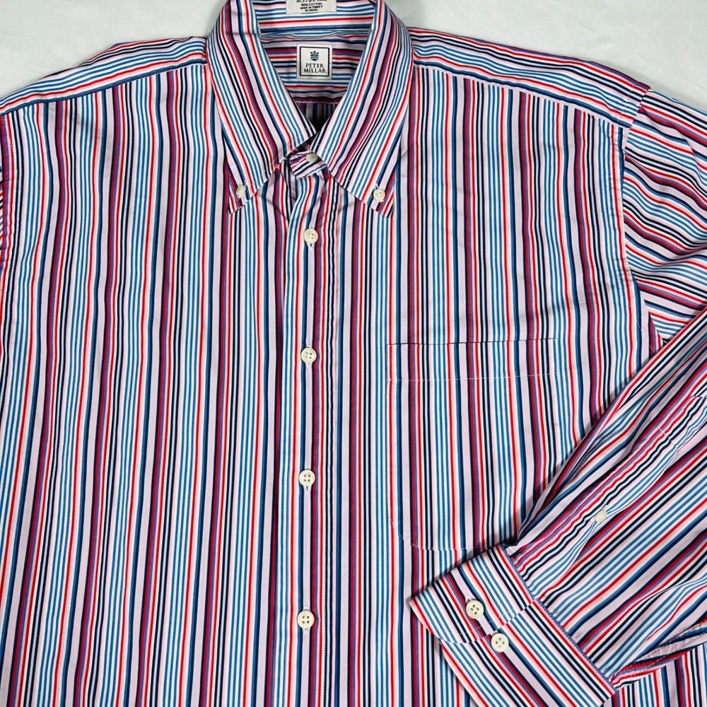 Peter Millar Mens 16.5 42cm Striped Button Down Shirt Red White Blue Cotton L/S